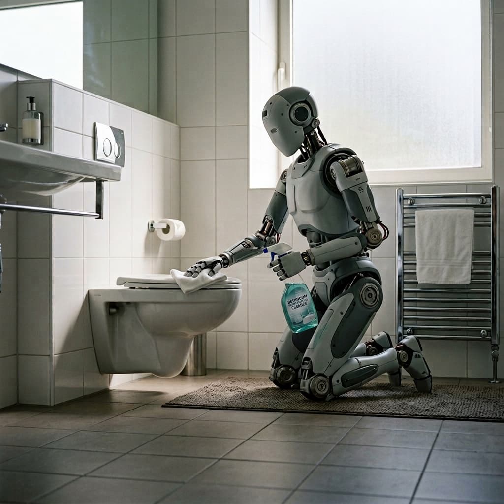 Humanoid robot cleaning a modern bathroom