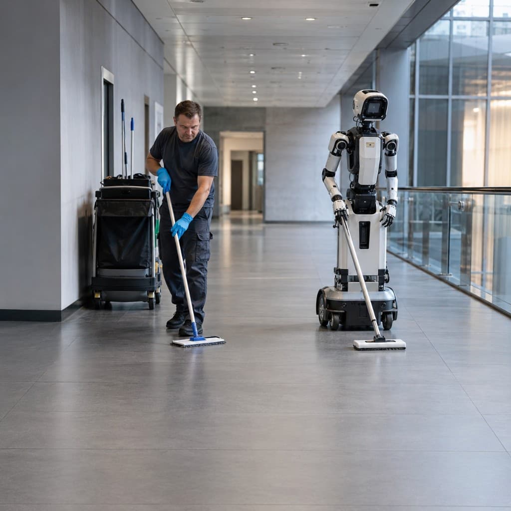 Cleaner working next to a cobot