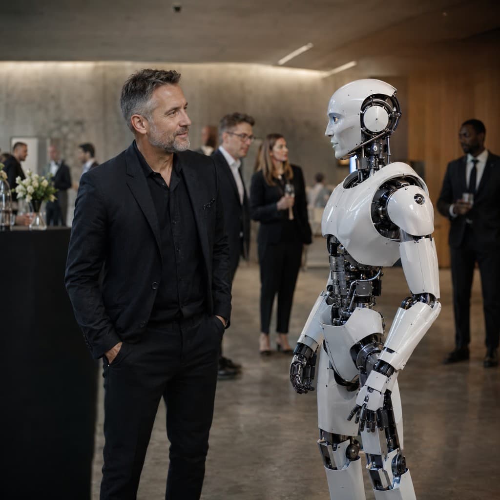 Professional interacting with a humanoid at a corporate event