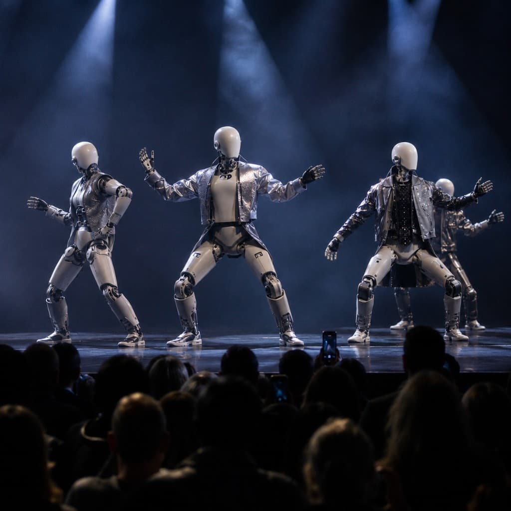 Humanoid robots performing on stage for a live audience