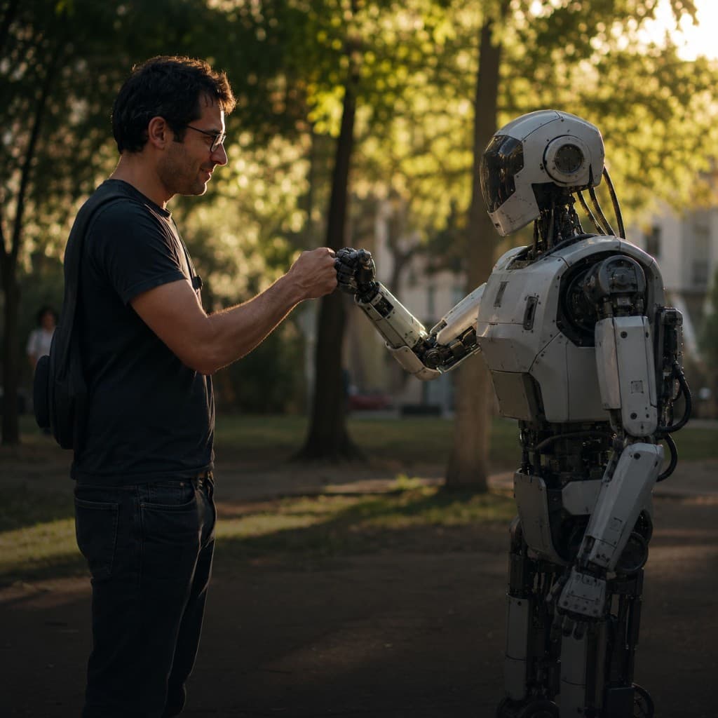 Person fist-bumping a humanoid robot outdoors