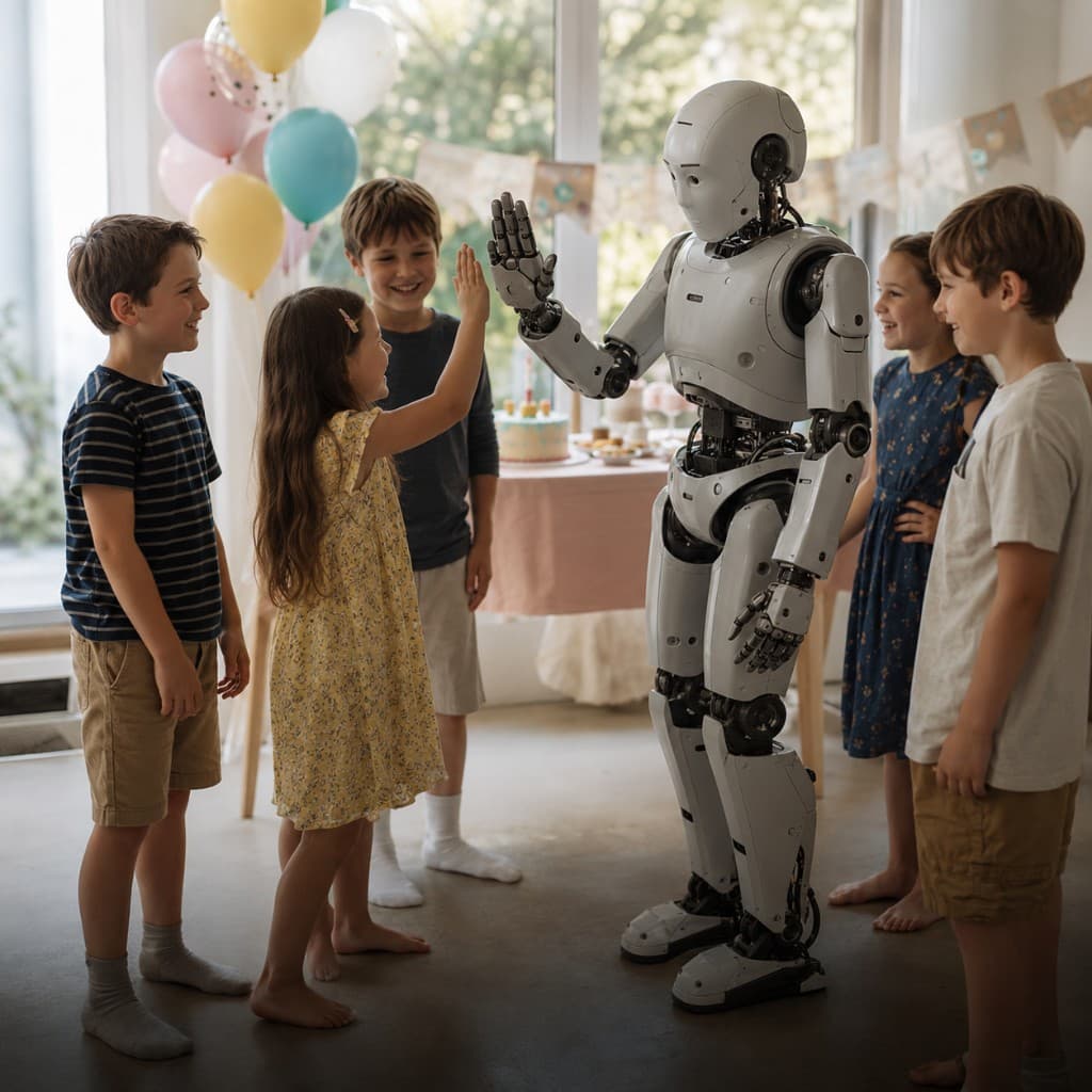 Children high-fiving a humanoid robot at a birthday party
