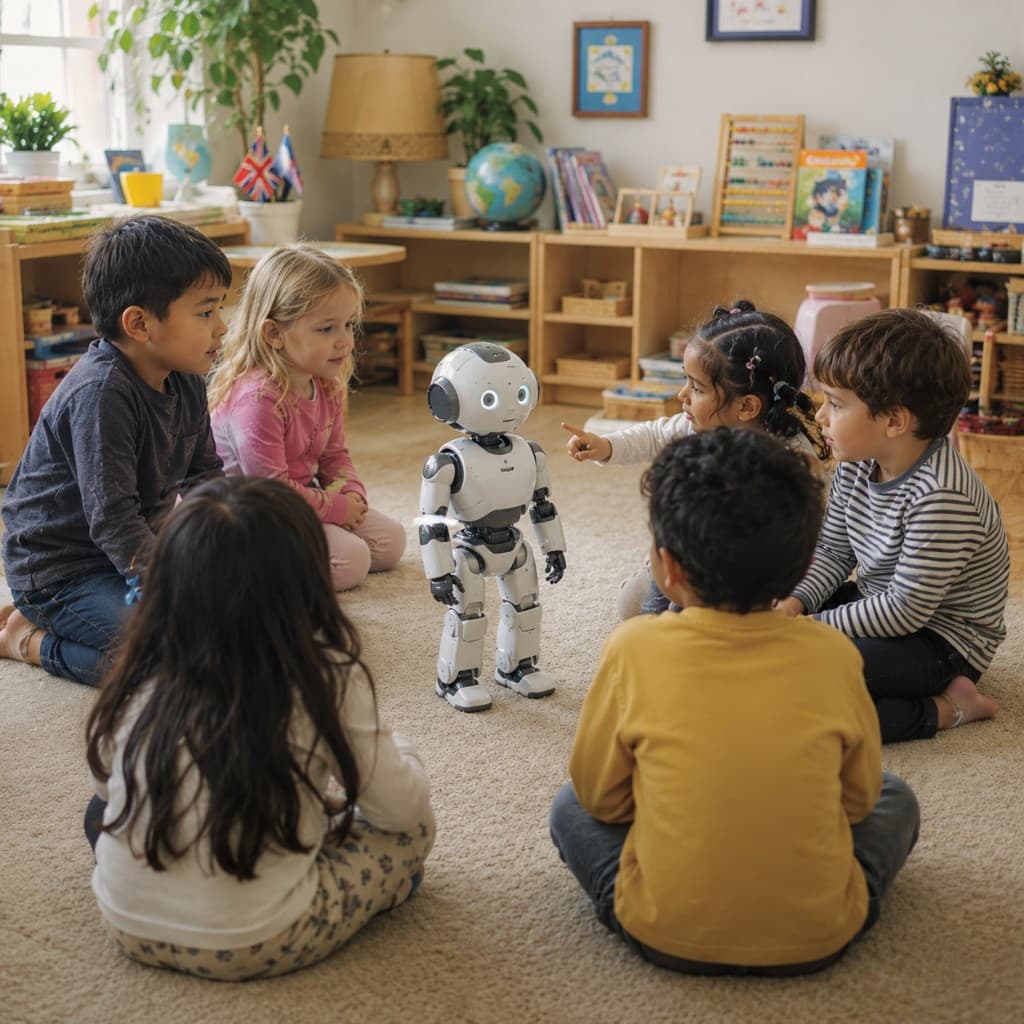 Kindergarten children sitting in a circle with a small humanoid robot