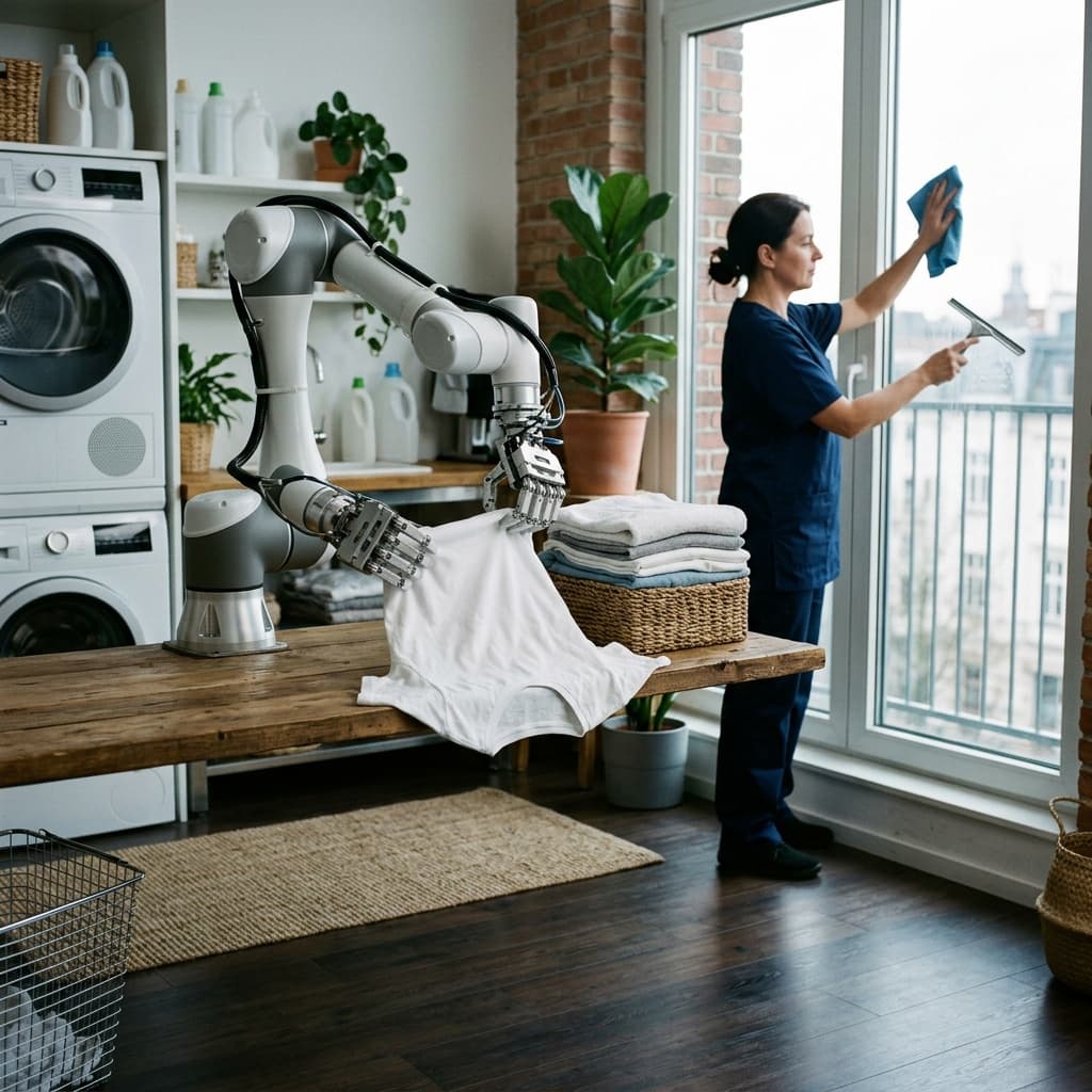 Robotic arm folding laundry while a cleaner washes windows