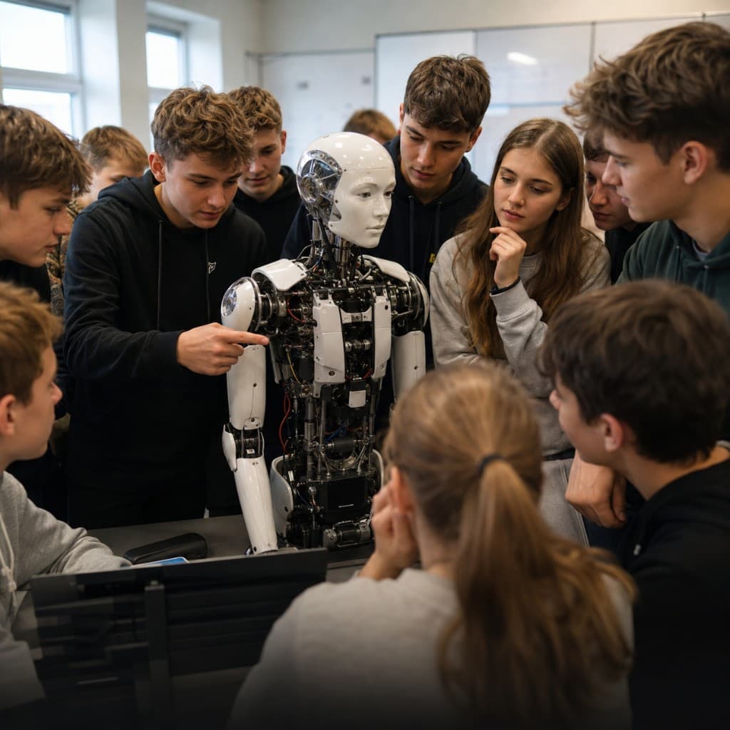School students gathered around a humanoid in a classroom