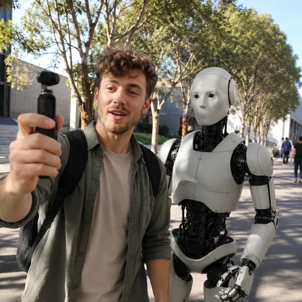 Vlogger filming outdoors next to a humanoid robot