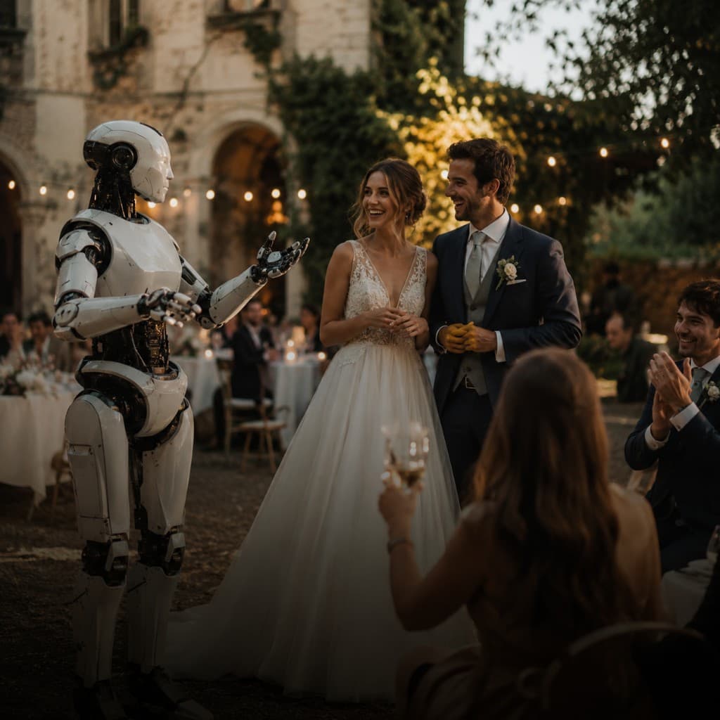 Humanoid robot greeting a bride and groom at a wedding reception